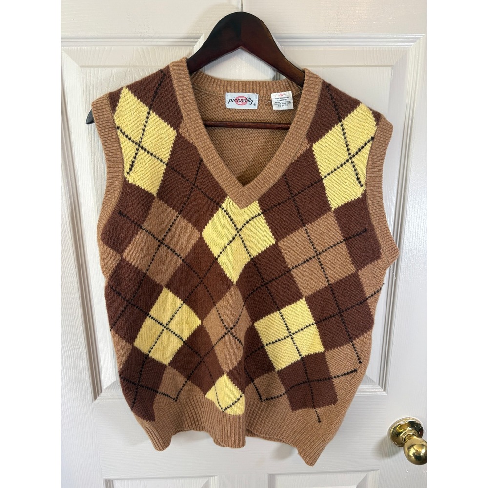 Vintage Piccadilly Argyle Sweater Vest 100% Lambswool Brown Yellow V-Neck Large